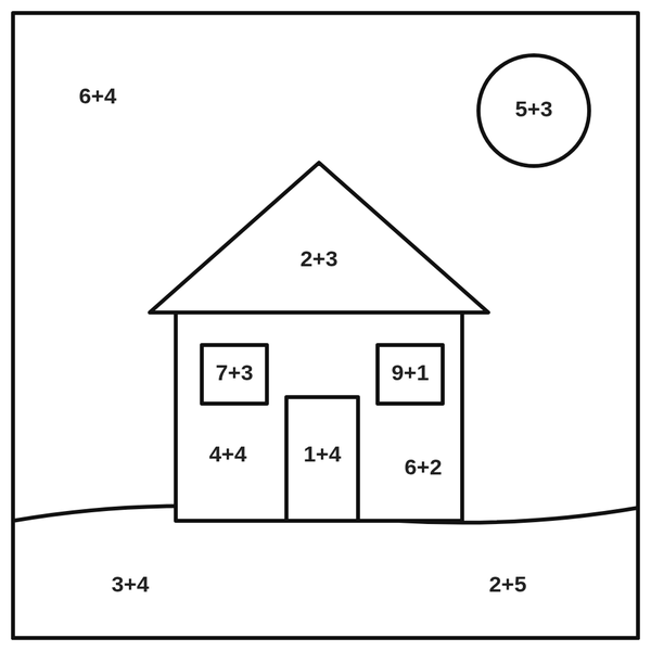 Coloriage magique : une maison, un soleil et une colline, avec un calcul dans chaque zone (2+3 sur le toit, 7+3 et 9+1 sur les fenêtres, 1+4 sur la porte…)